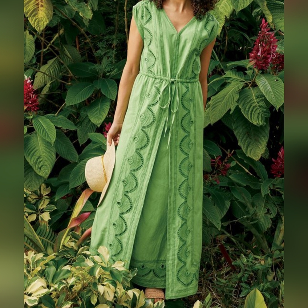 {Soft Surroundings} Ellison Linen Blend Maxi Dress Sleeveless Embroidered